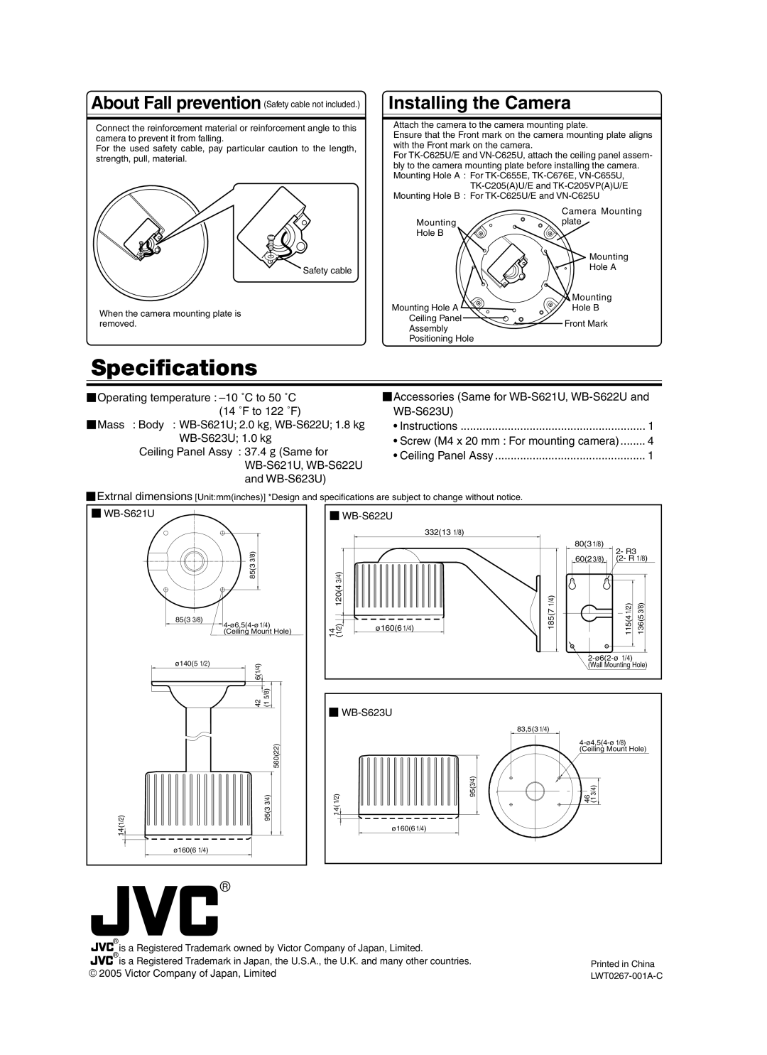 JVC WB-S622U, WB-S623U, WB-S621U instruction manual Specifications, Installing the Camera 