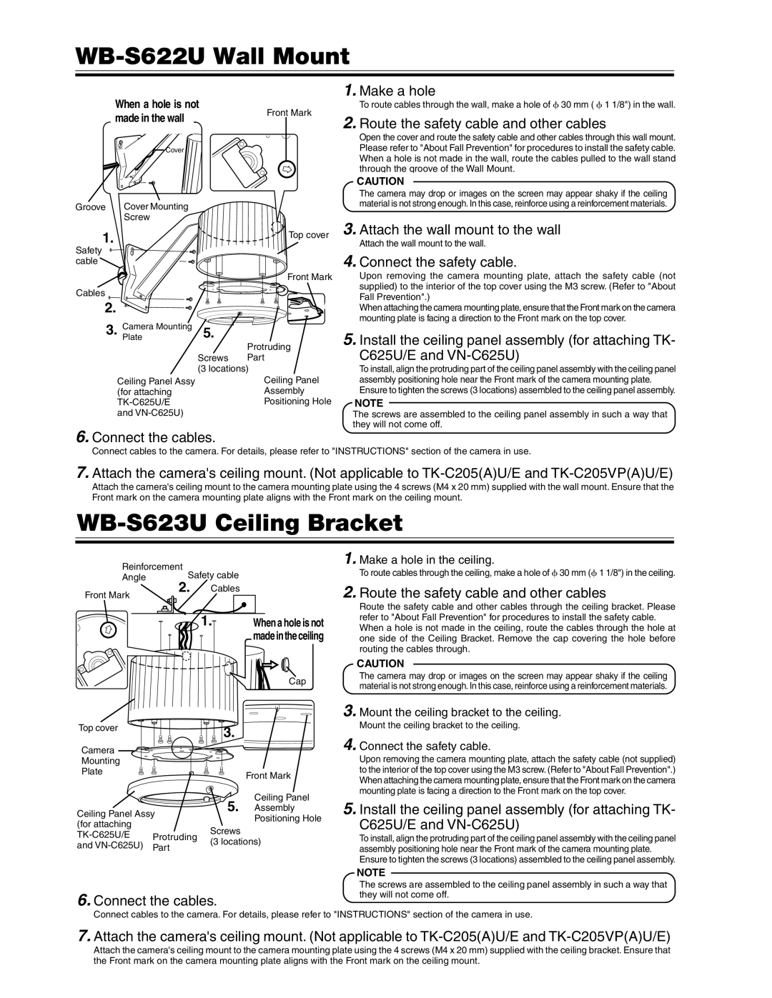 JVC WB-S621U WB-S622U Wall Mount, WB-S623U Ceiling Bracket, Make a hole in the ceiling, Connect the safety cable 