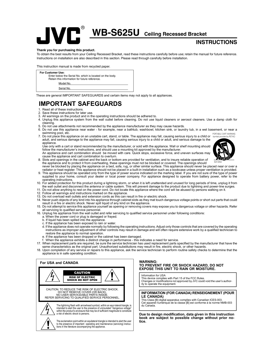 JVC WB-S625U instruction manual Important Safeguards 