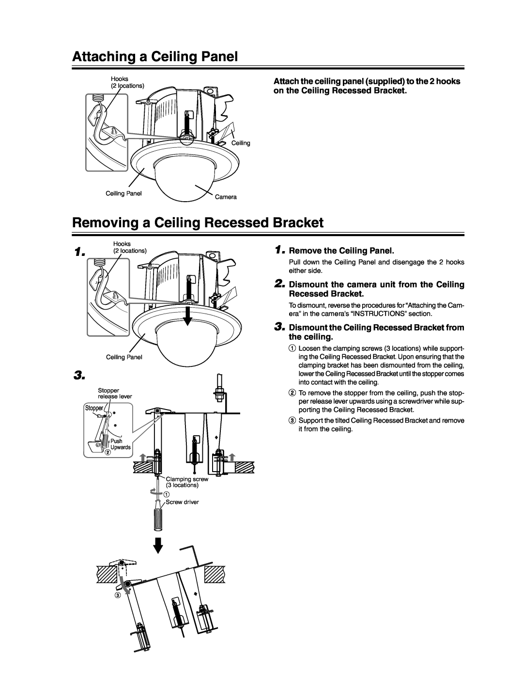 JVC WB-S625U instruction manual Attaching a Ceiling Panel, Removing a Ceiling Recessed Bracket 