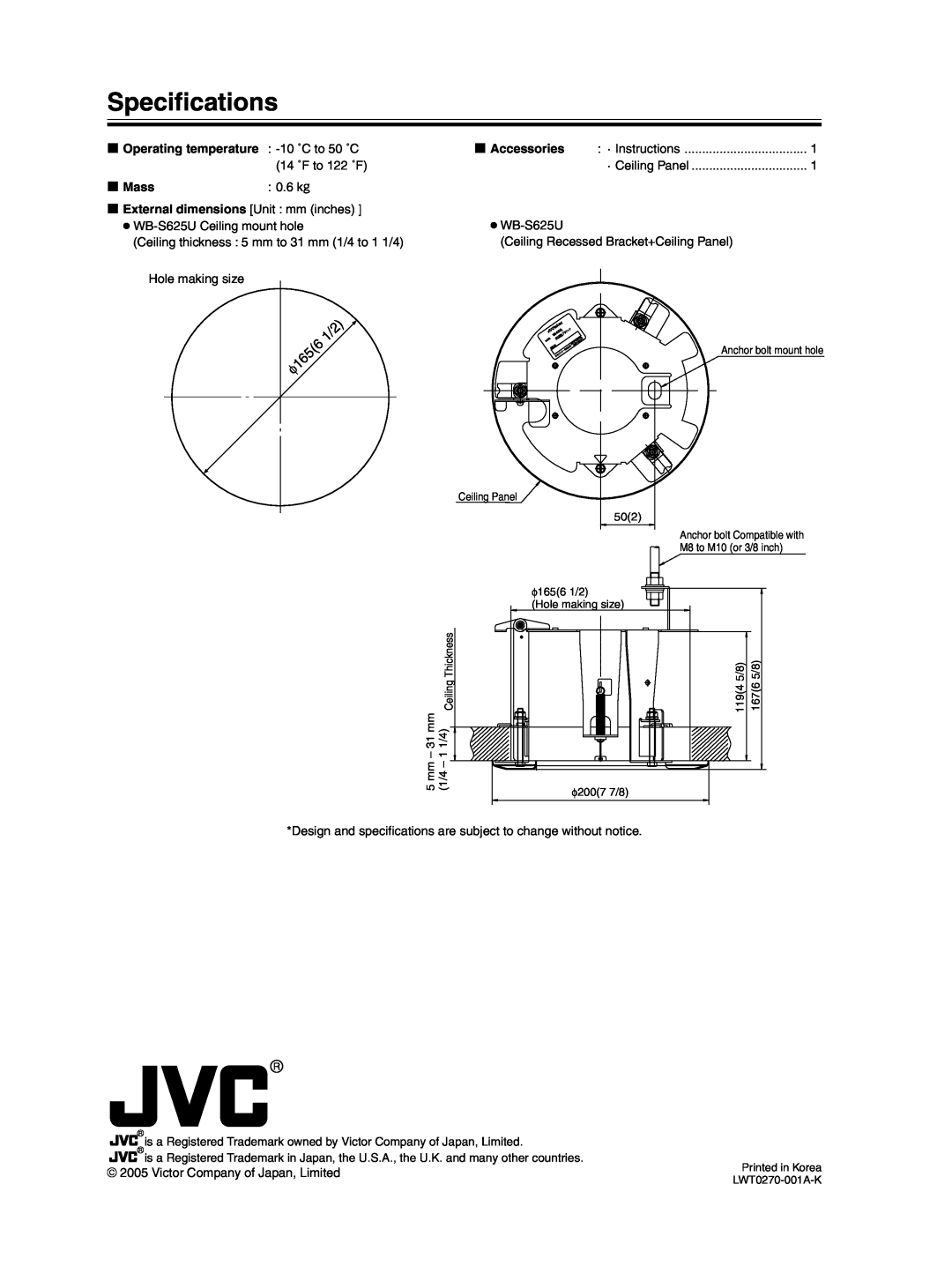 JVC WB-S625U instruction manual Specifications, q Mass, 0.6 k˝, q Accessories 