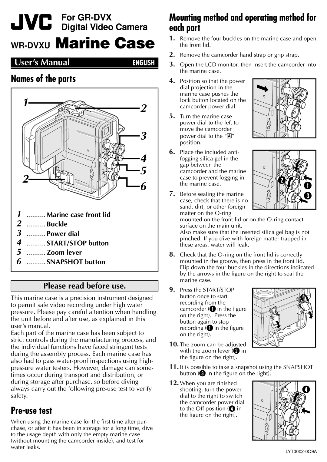 JVC user manual WR-DVXUMarine Case, Names of the parts, Pre-use test, Please read before use 