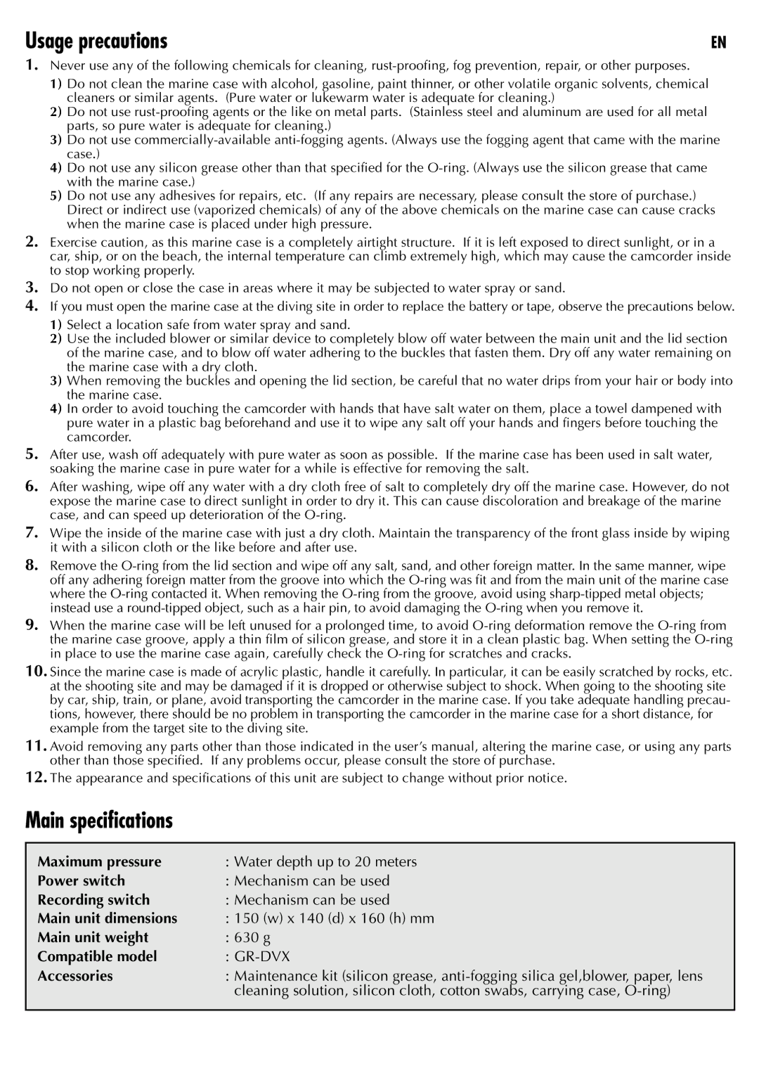 JVC WR-DVXU user manual Usage precautions, Main specifications 