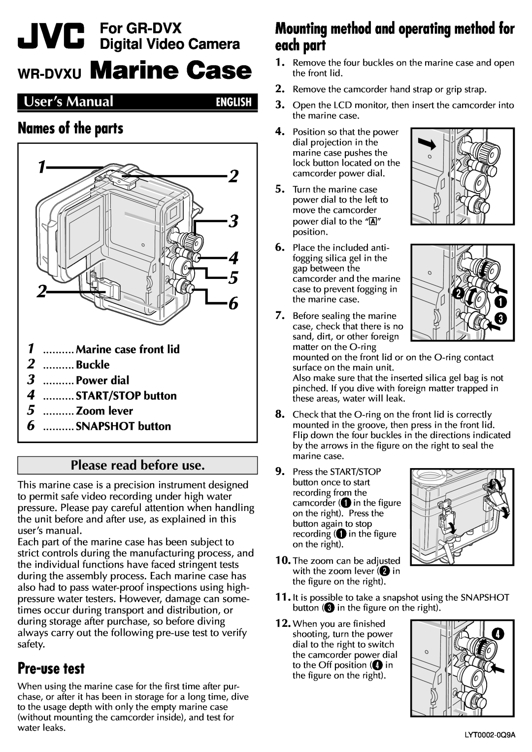 JVC WR-DVXU user manual Names of the parts, Pre-use test, Mounting method and operating method for each part, Buckle 