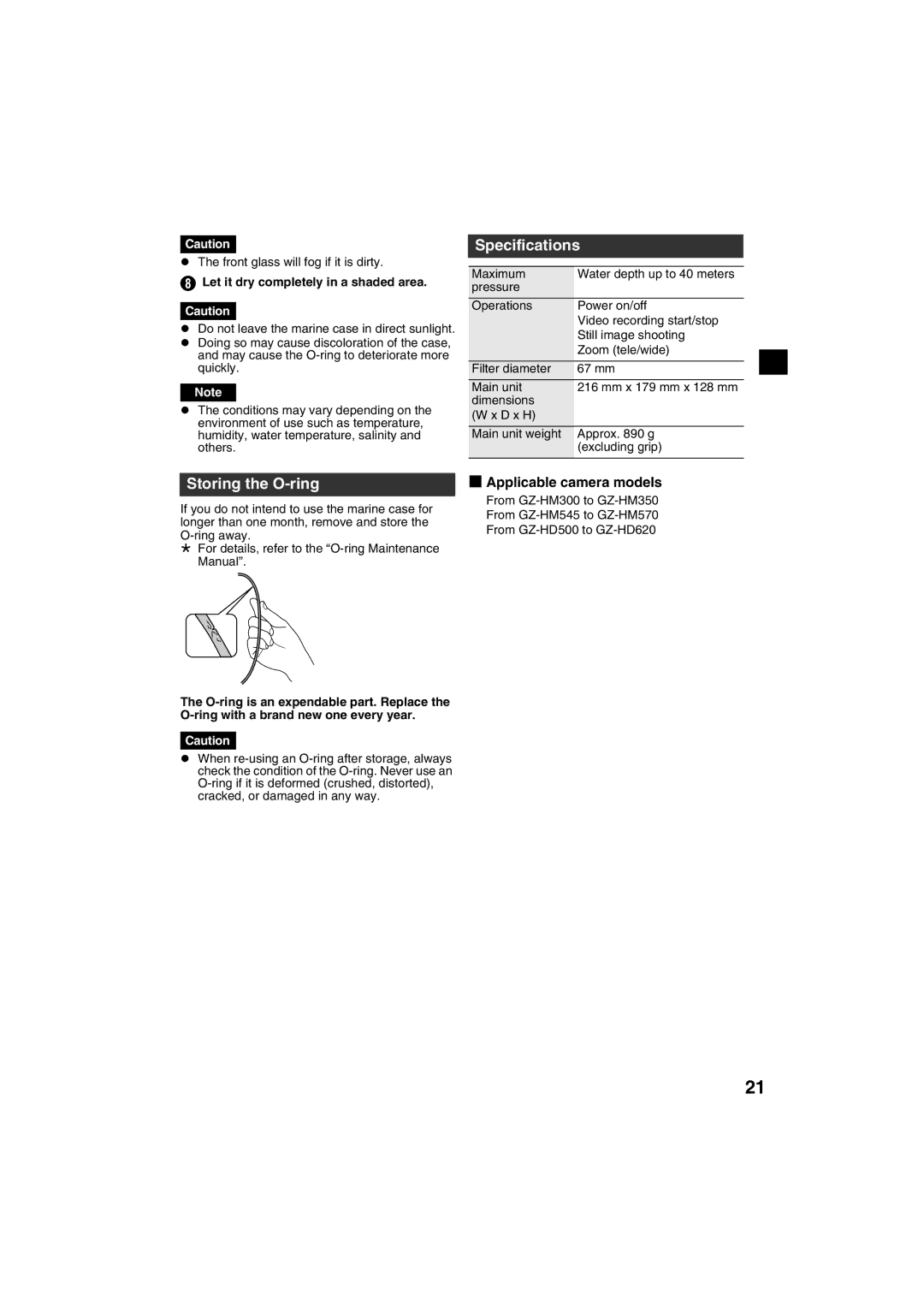 JVC LYT2232-002A Specifications, Storing the O-ring, Applicable camera models, Let it dry completely in a shaded area 