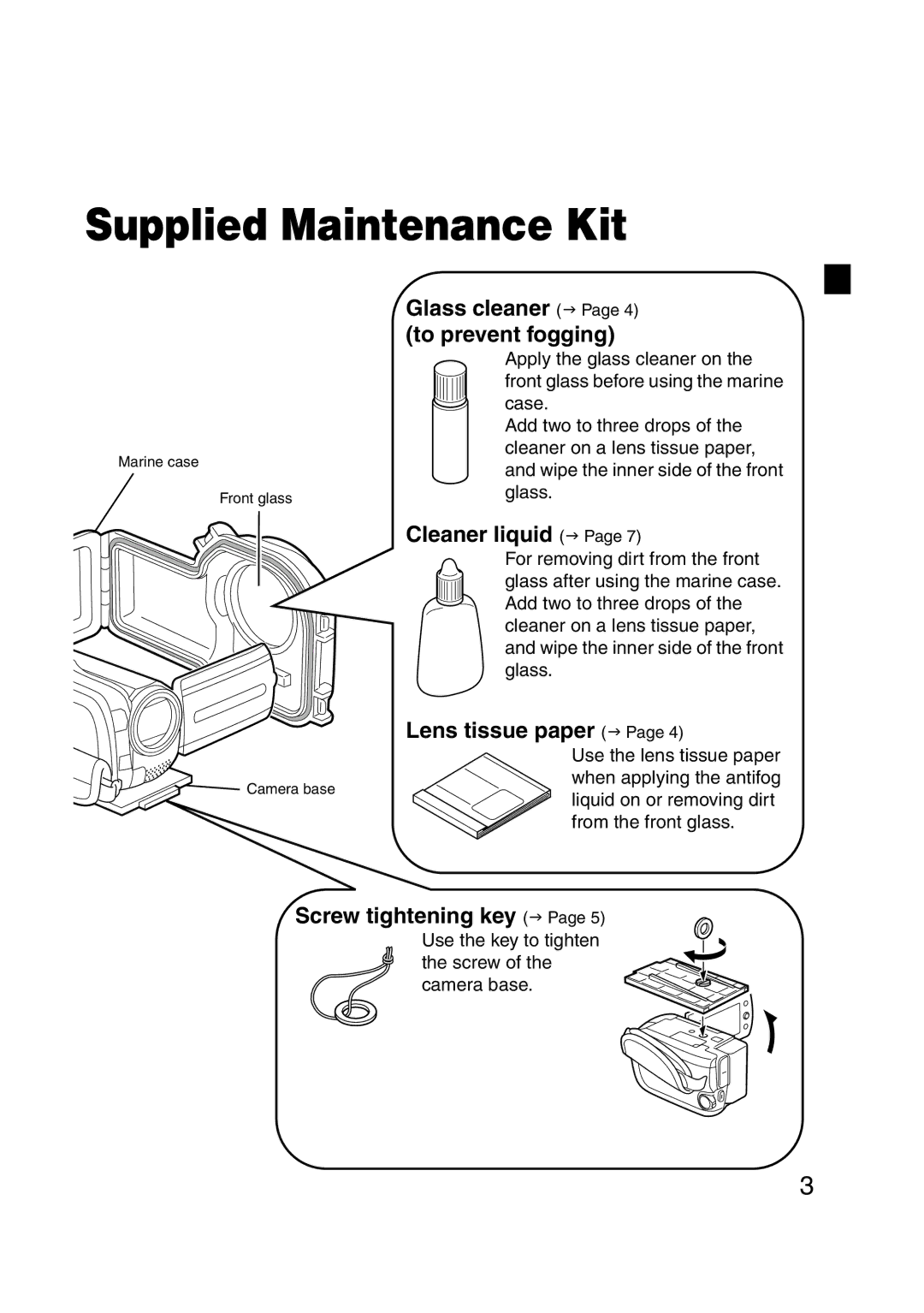 JVC WR-MG88U Glass cleaner J To prevent fogging, Cleaner liquid J, Lens tissue paper J, Screw tightening key J 