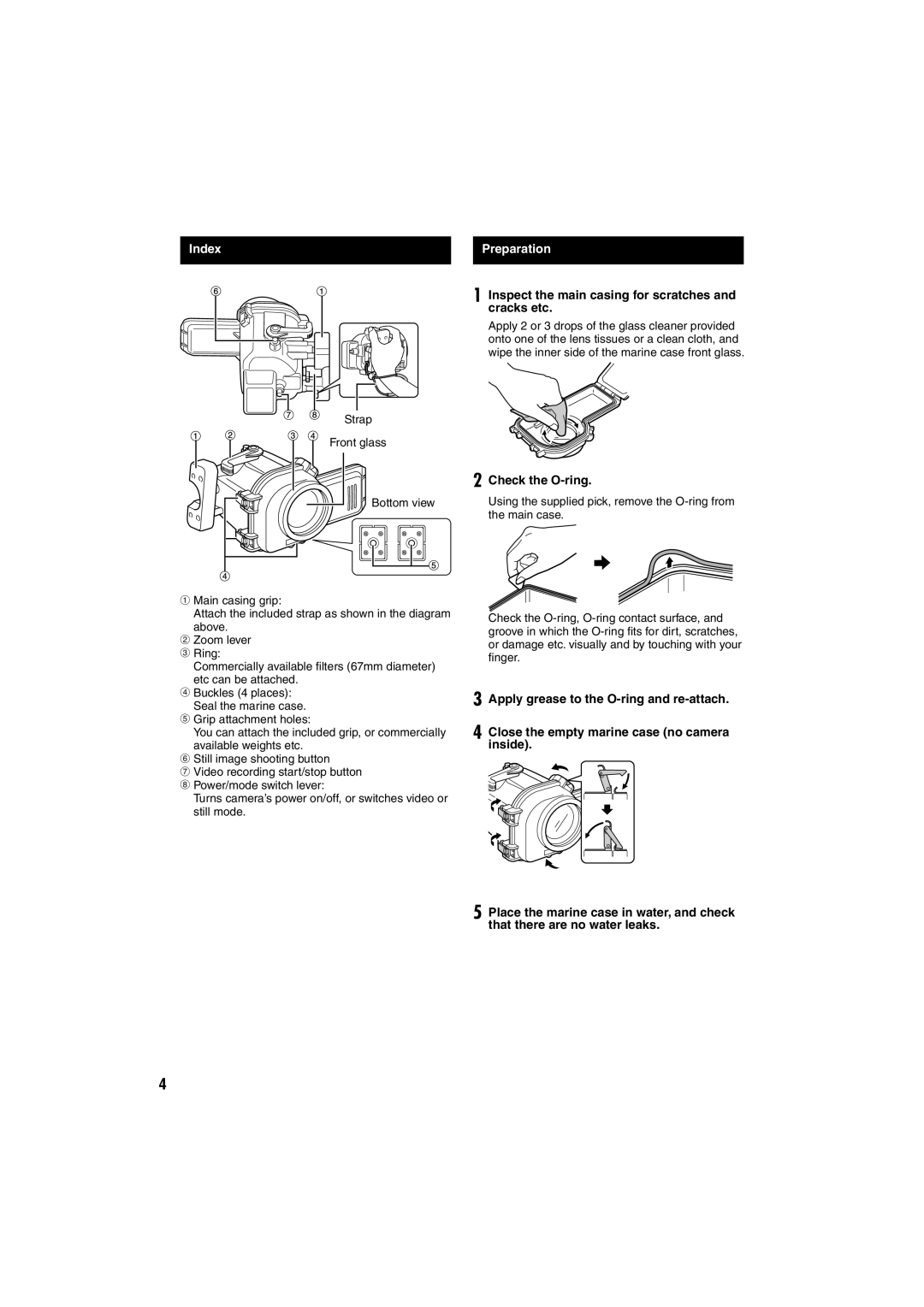 JVC WR-MG88U manuel dutilisation Index, Inspect the main casing for scratches and cracks etc, Check the O-ring 