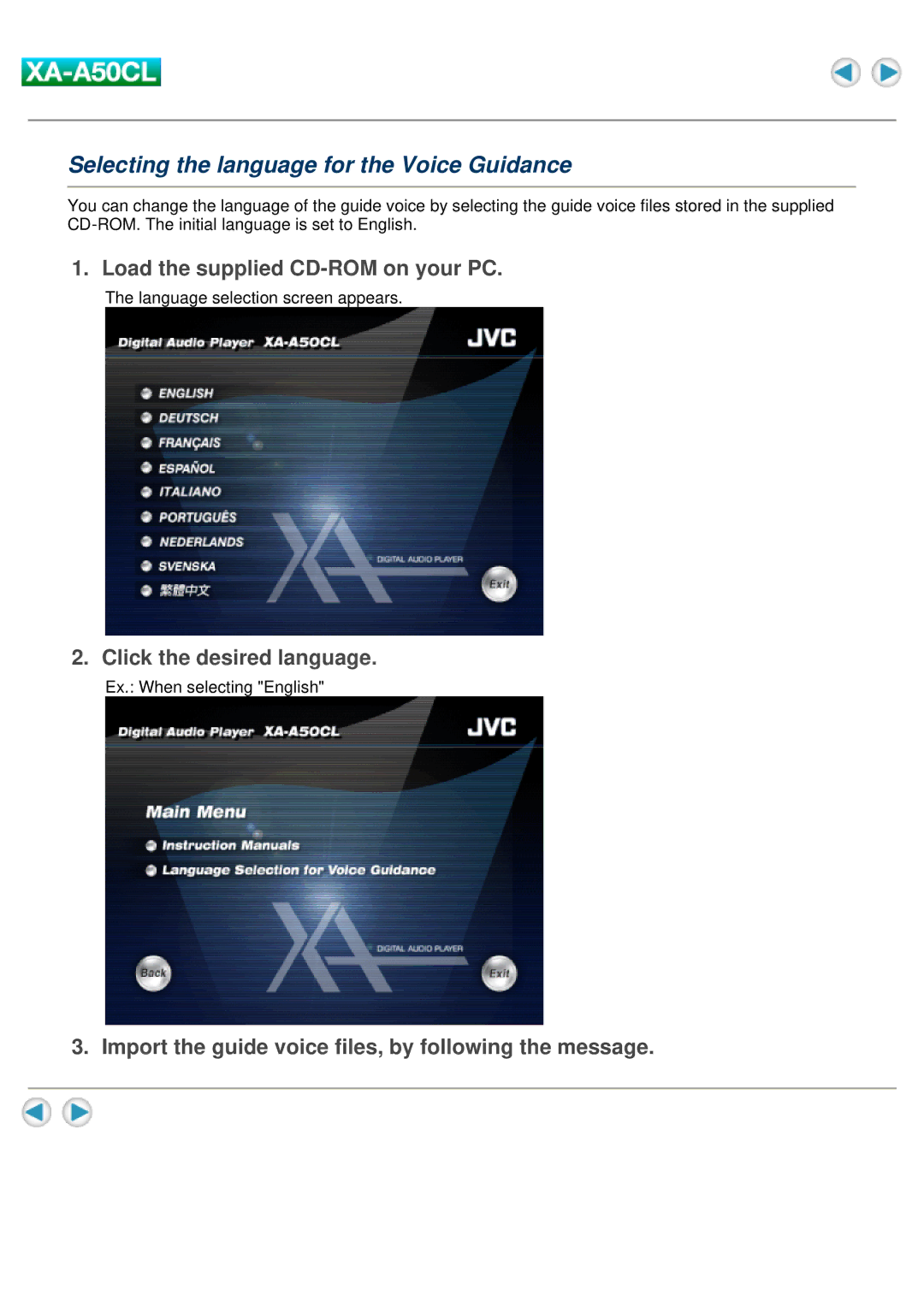 JVC XA-A50CL manual Selecting the language for the Voice Guidance, Load the supplied CD-ROM on your PC 