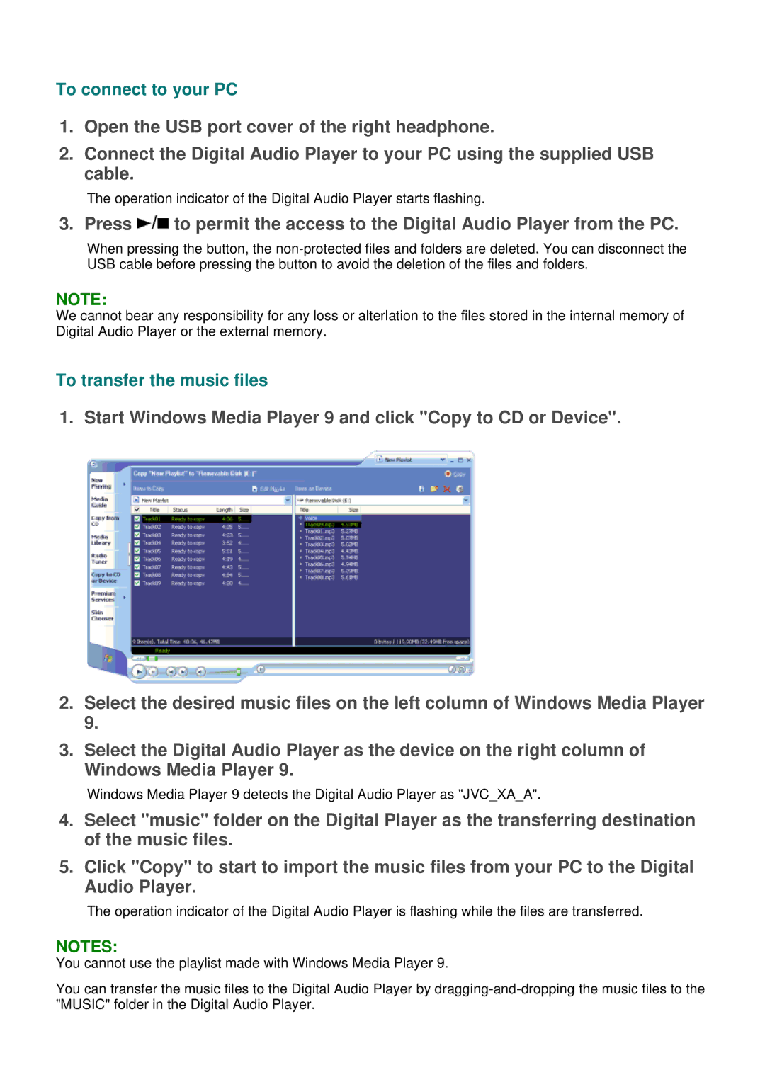 JVC XA-A50CL manual To connect to your PC, To transfer the music files 