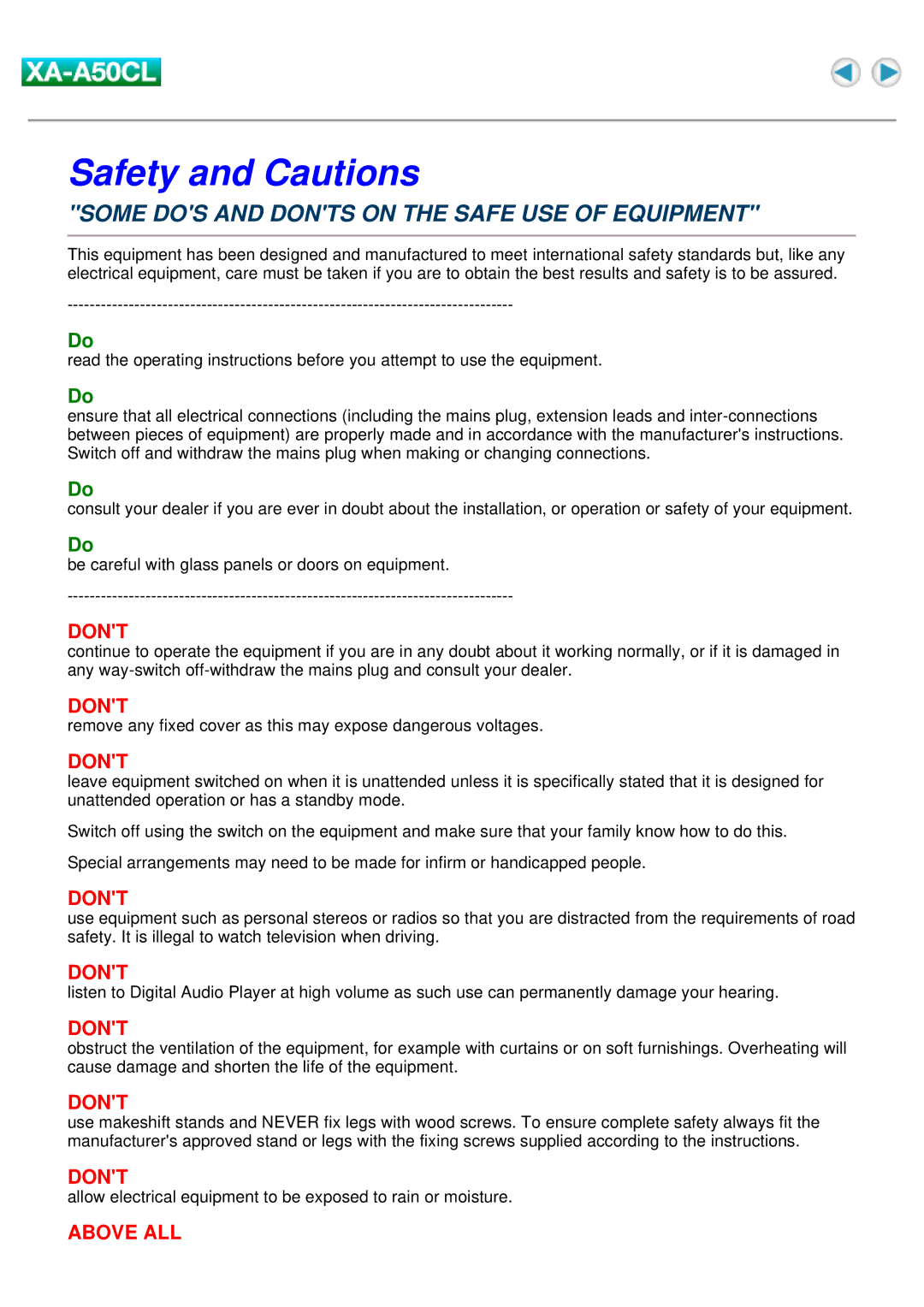 JVC XA-A50CL manual Safety and Cautions, Some DOS and Donts on the Safe USE of Equipment 