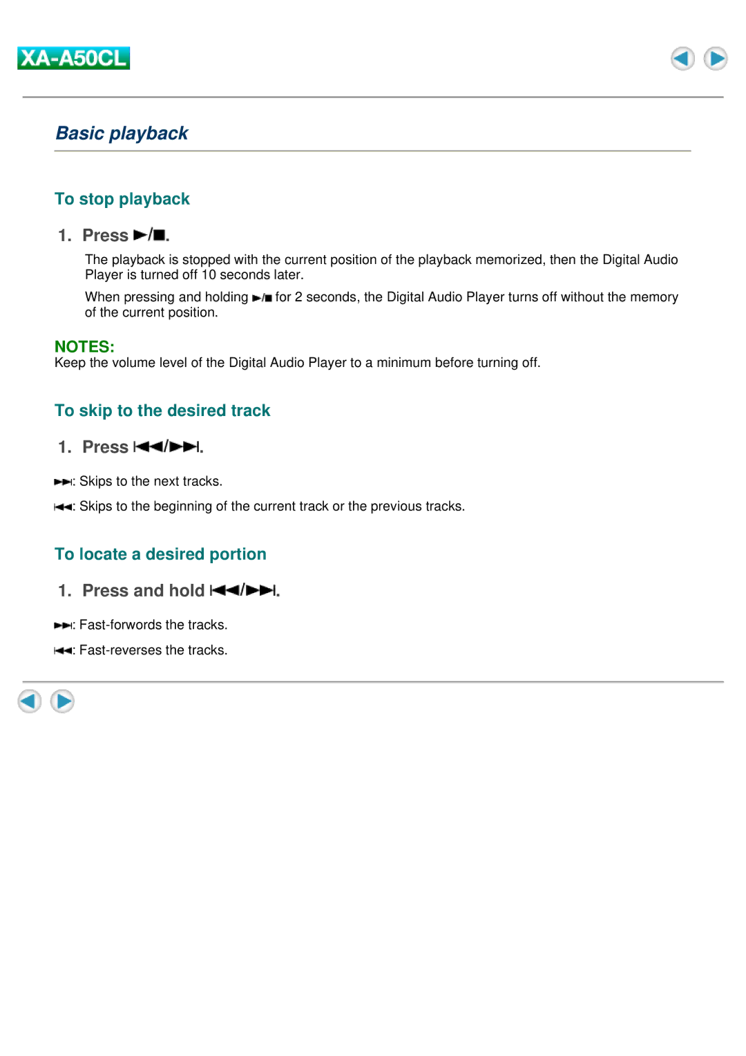 JVC XA-A50CL Basic playback, To stop playback, To skip to the desired track, To locate a desired portion, Press and hold 