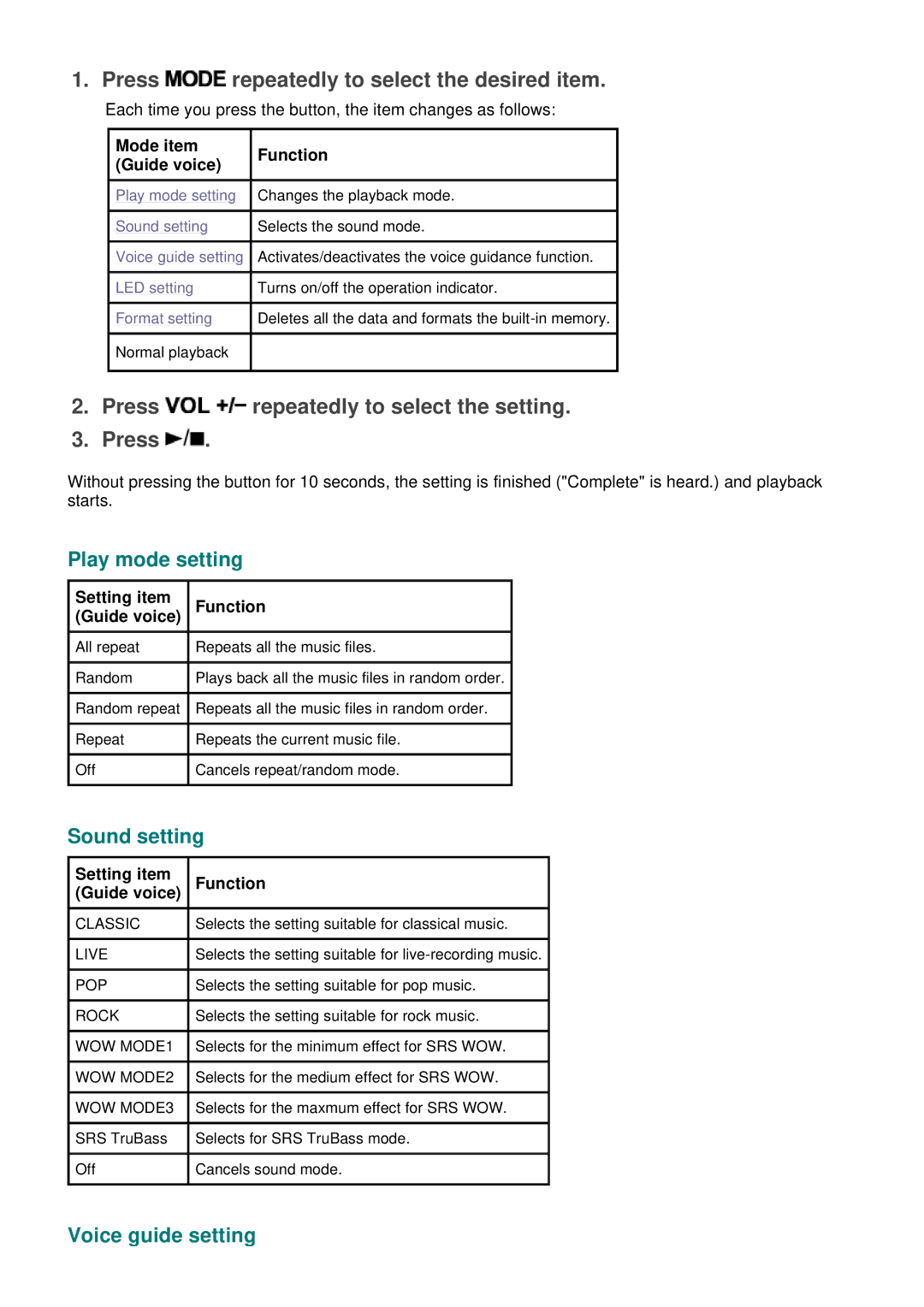 JVC XA-A50CL manual Press repeatedly to select the desired item, Press repeatedly to select the setting, Play mode setting 