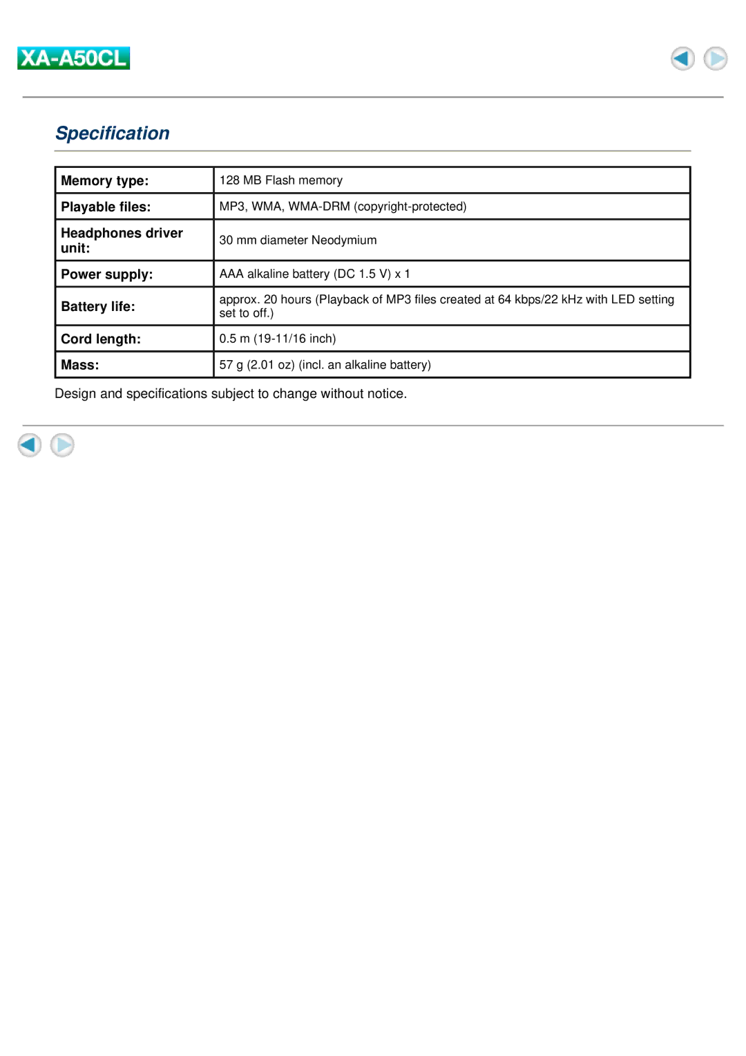 JVC XA-A50CL manual Specification 