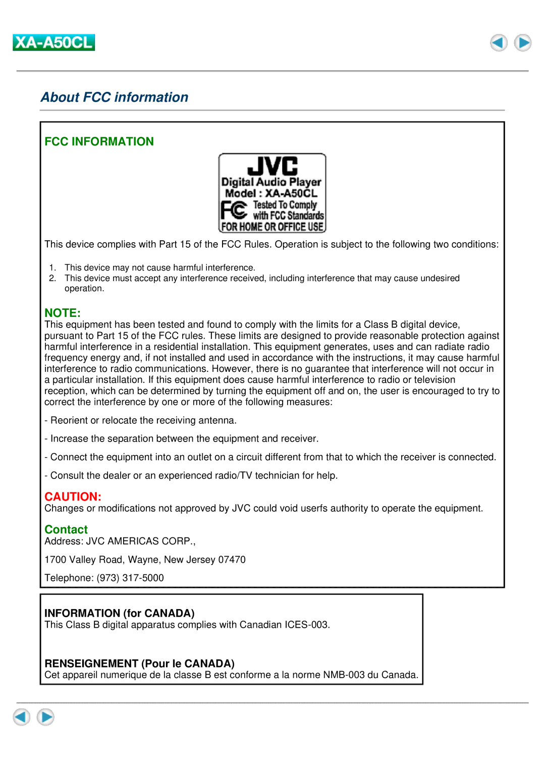 JVC XA-A50CL manual About FCC information, FCC Information 