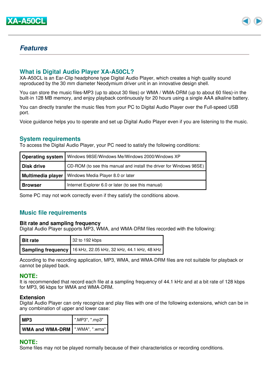 JVC manual Features, What is Digital Audio Player XA-A50CL?, System requirements, Music file requirements 