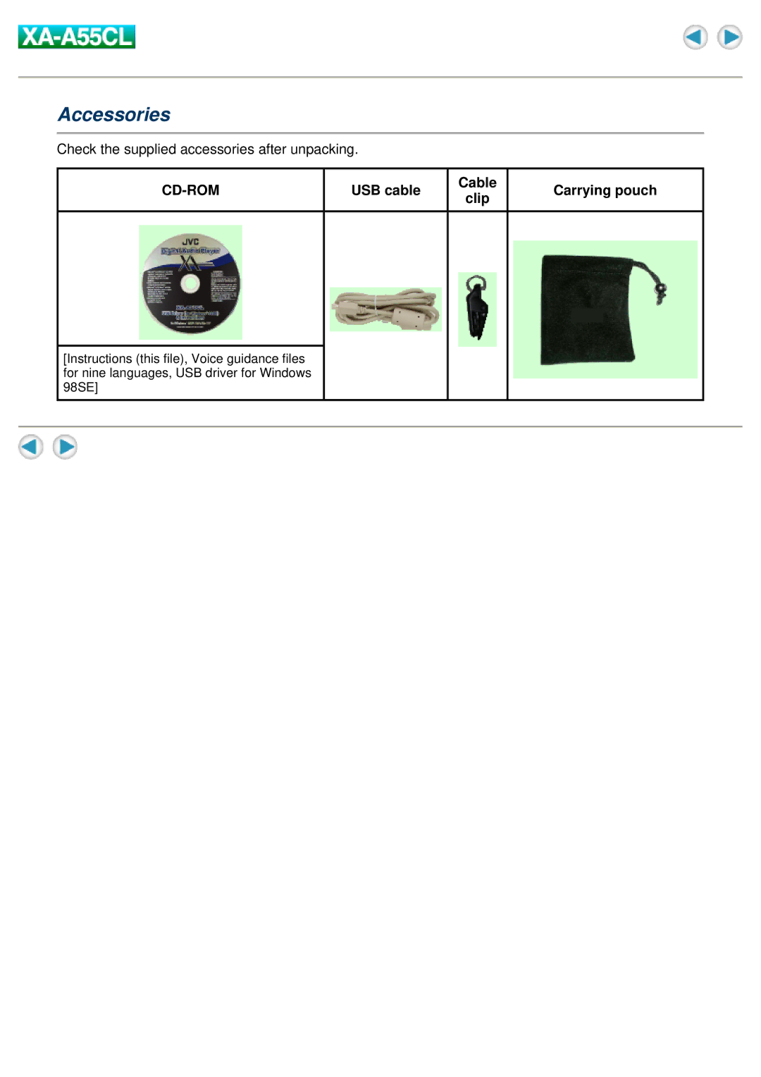 JVC XA-A55CL manual Accessories, USB cable, Carrying pouch, Clip 