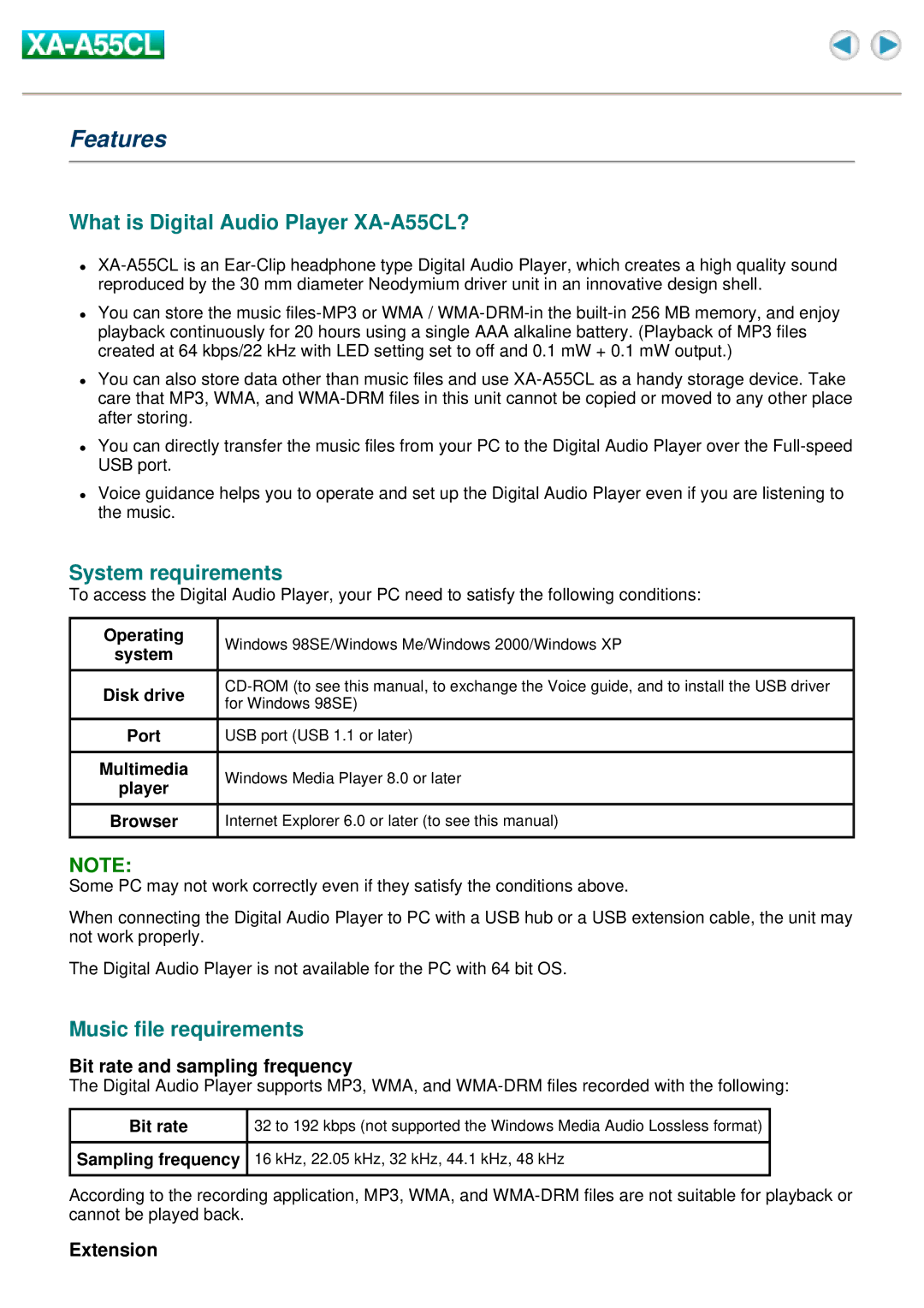 JVC manual Features, What is Digital Audio Player XA-A55CL?, System requirements, Music file requirements 