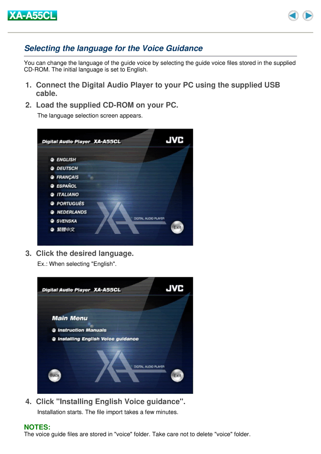 JVC XA-A55CL manual Selecting the language for the Voice Guidance, Click the desired language 