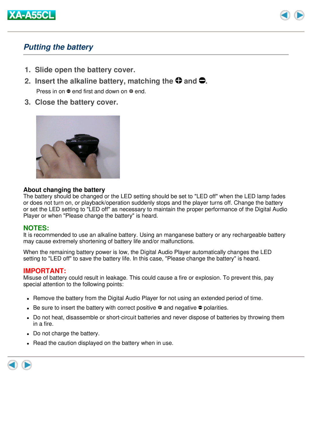 JVC XA-A55CL manual Putting the battery, Close the battery cover, About changing the battery 