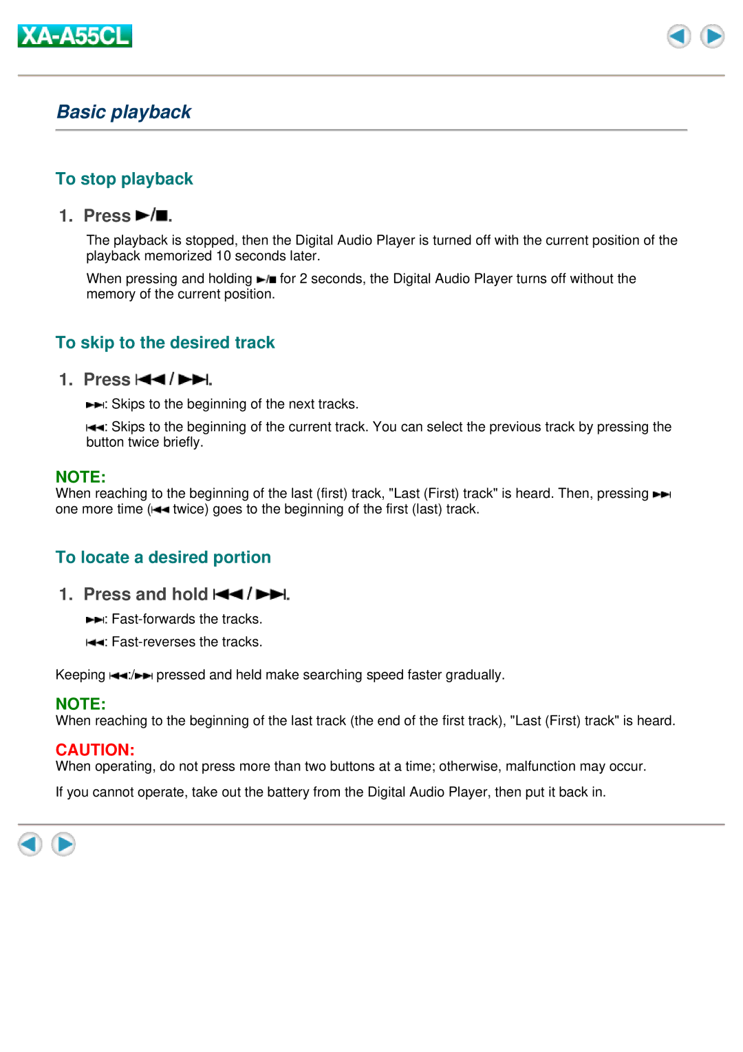 JVC XA-A55CL Basic playback, Press and hold, To stop playback, To skip to the desired track, To locate a desired portion 