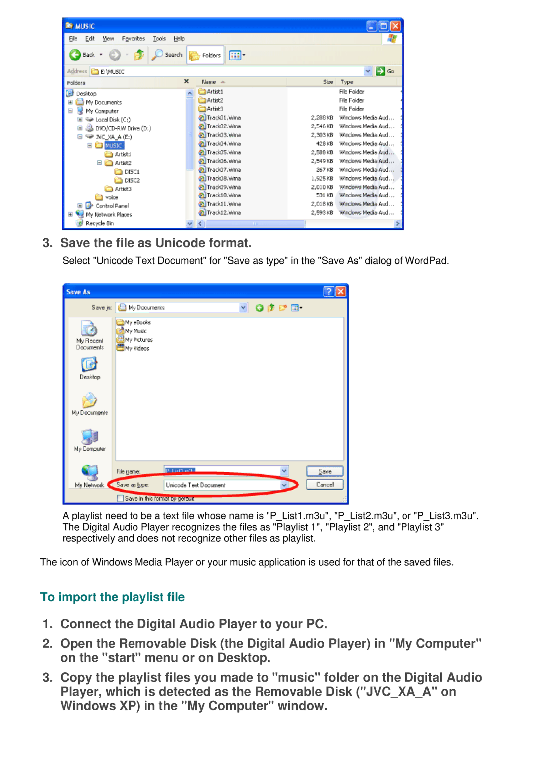 JVC XA-A55CL manual Save the file as Unicode format, To import the playlist file 