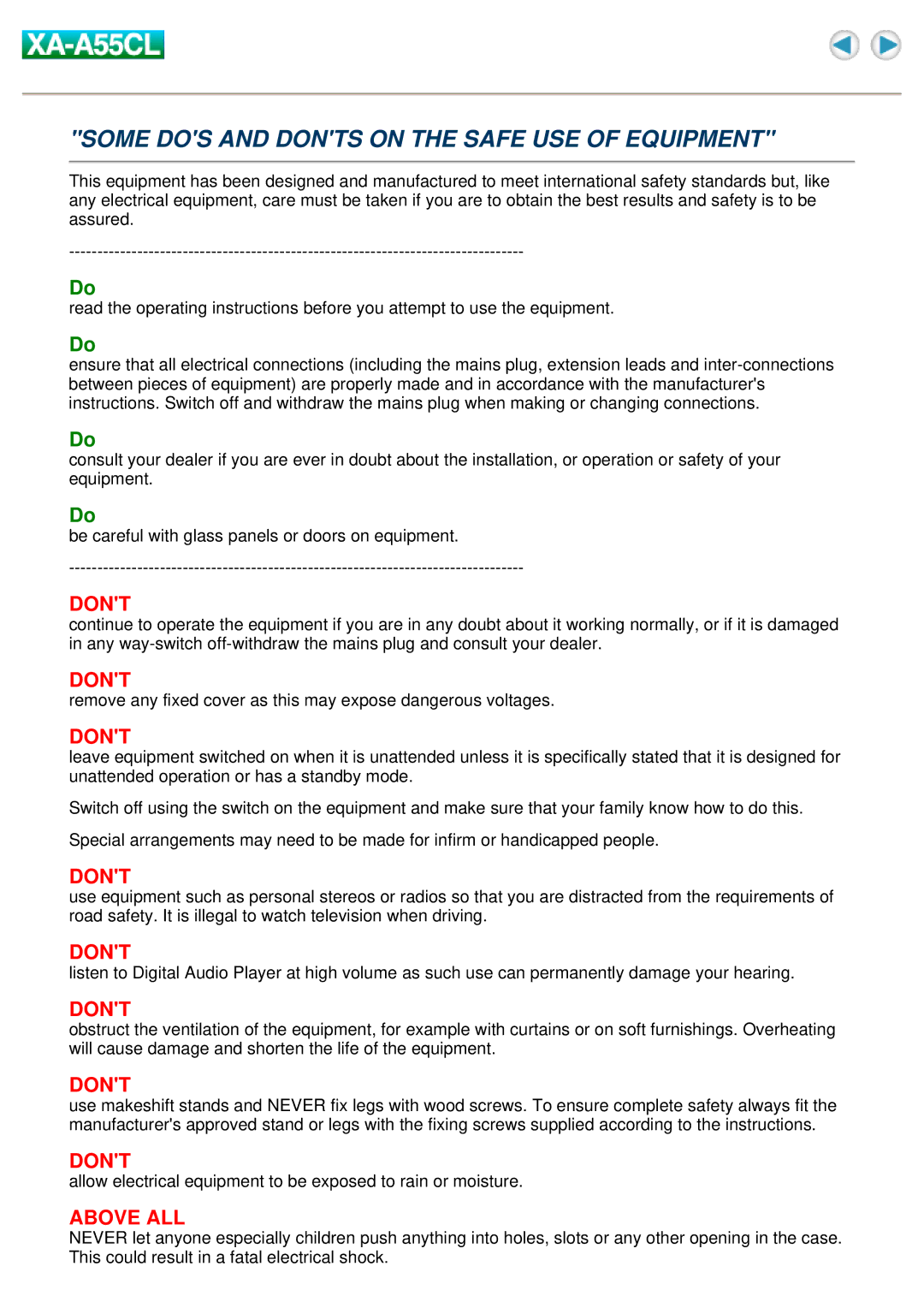 JVC XA-A55CL manual Some DOS and Donts on the Safe USE of Equipment 