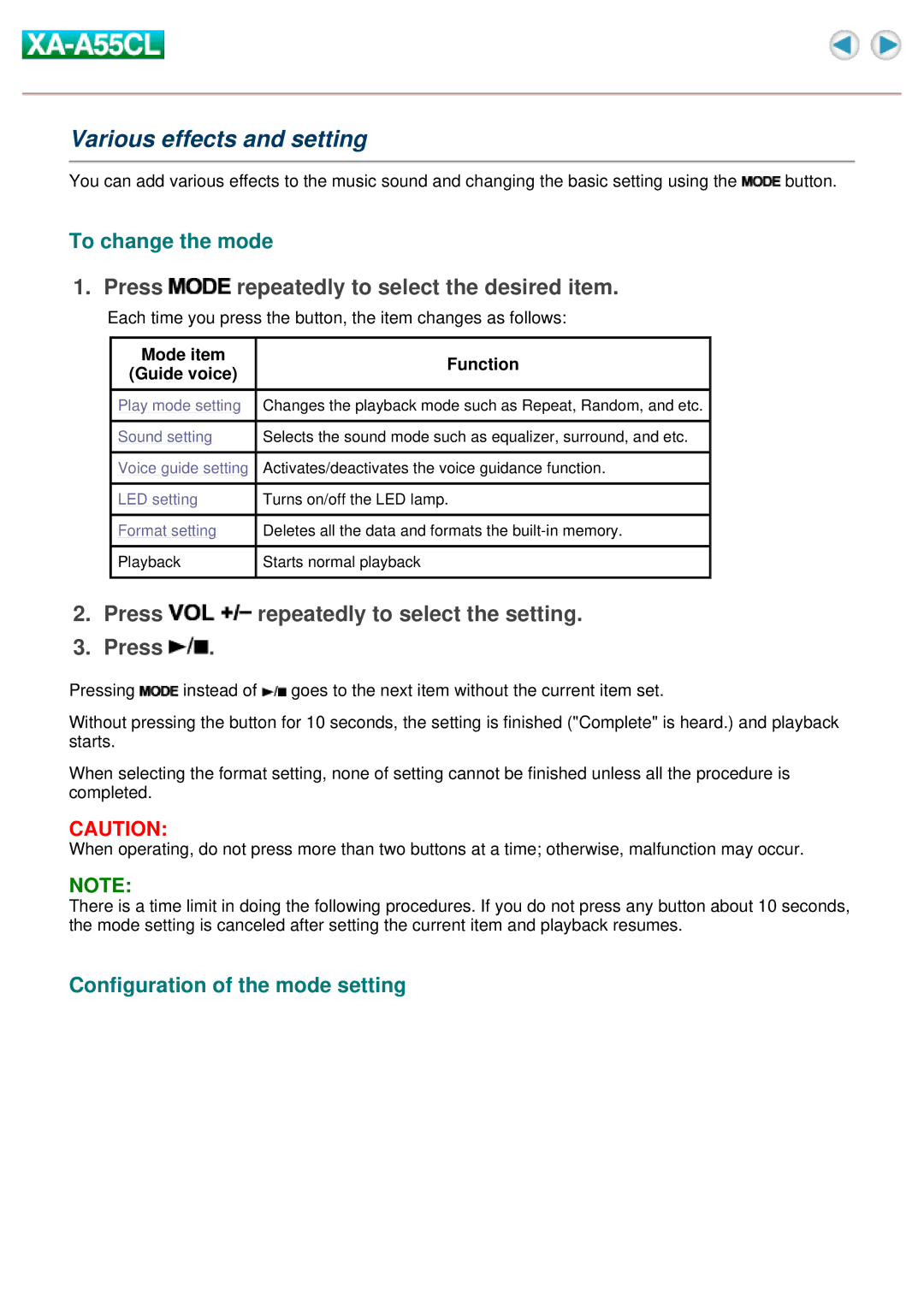 JVC XA-A55CL manual Various effects and setting, Press repeatedly to select the desired item, To change the mode 