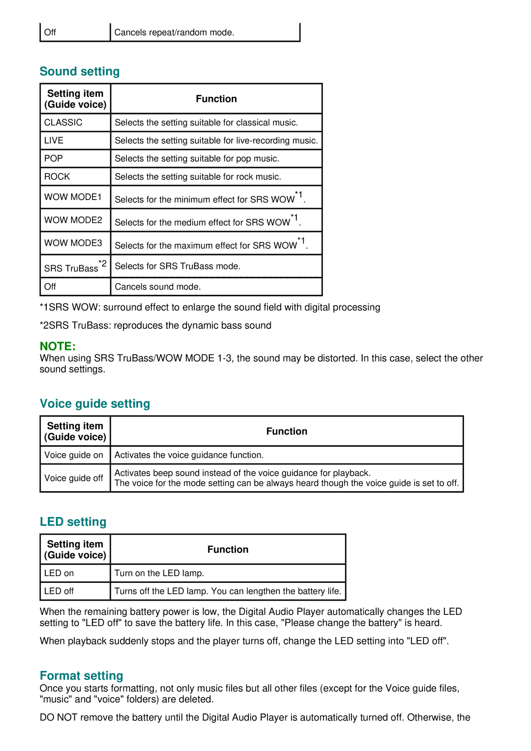 JVC XA-A55CL manual Voice guide setting, LED setting, Format setting 