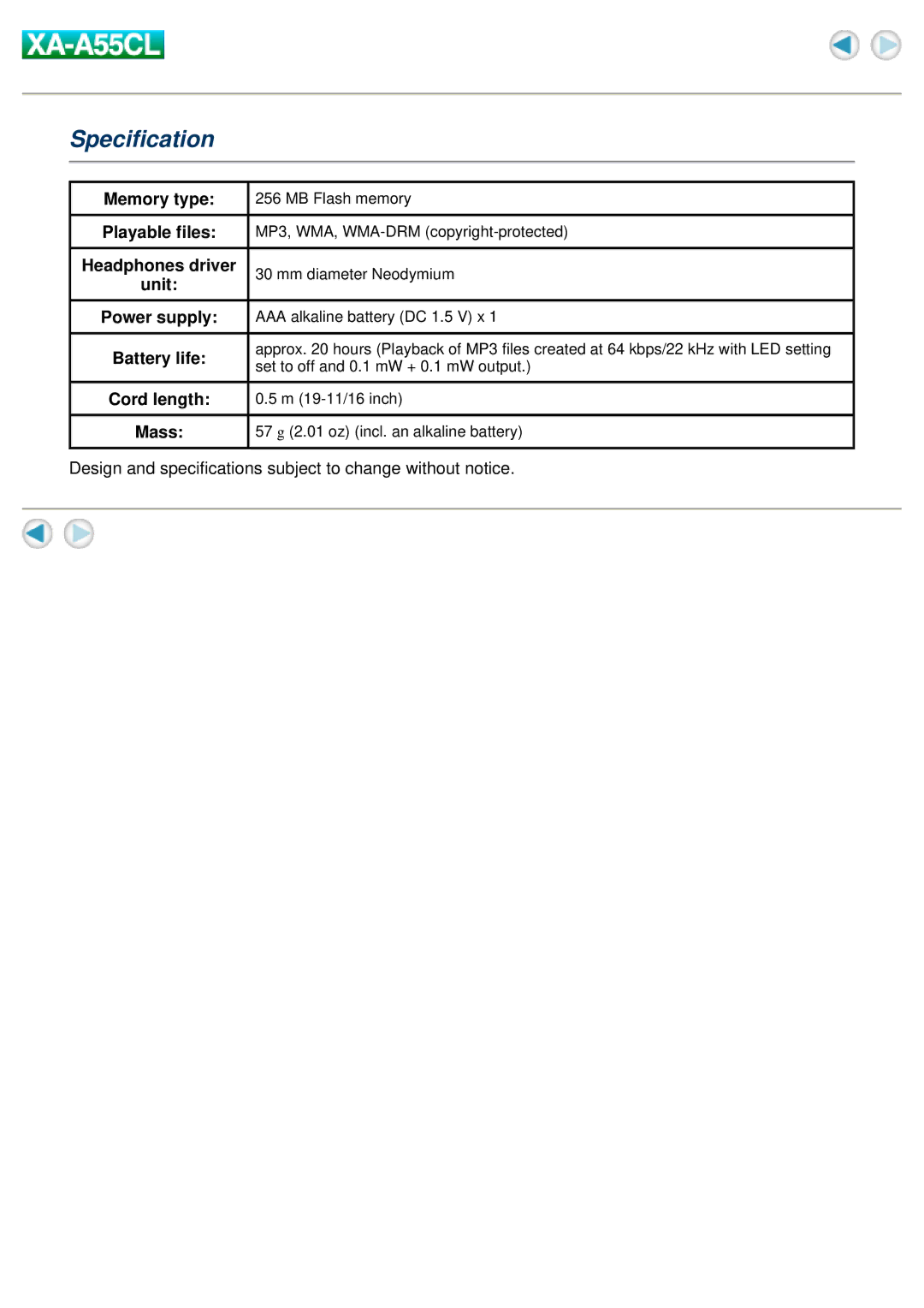 JVC XA-A55CL manual Specification 