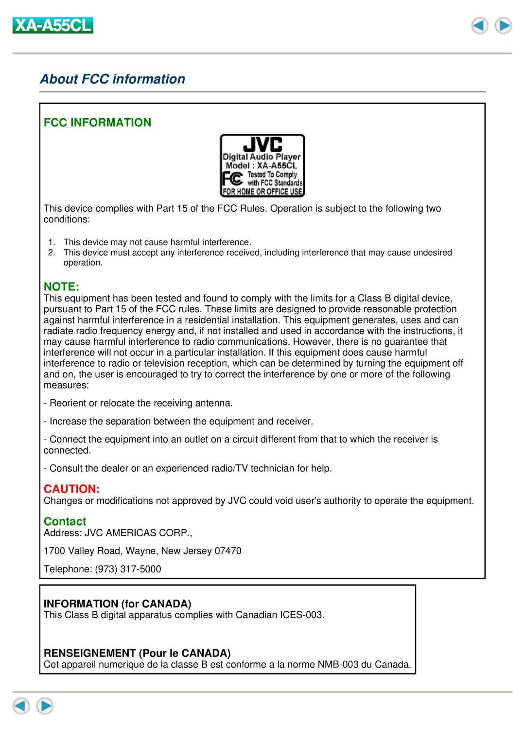 JVC XA-A55CL manual About FCC information, Information for Canada, Renseignement Pour le Canada 