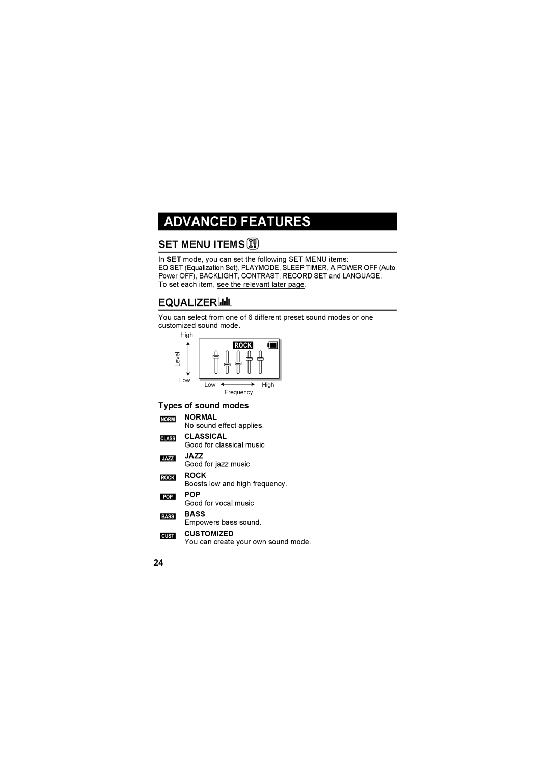 JVC XA-F107A, XA-F57A manual SET Menu Items, Equalizer, Types of sound modes 