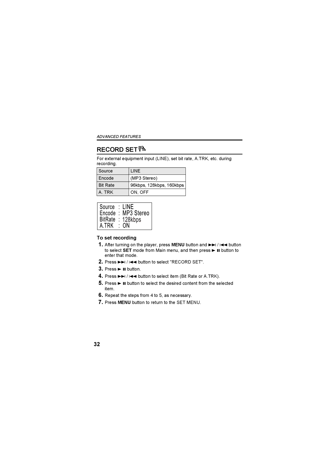 JVC XA-F107A, XA-F57A manual Record SET, To set recording 