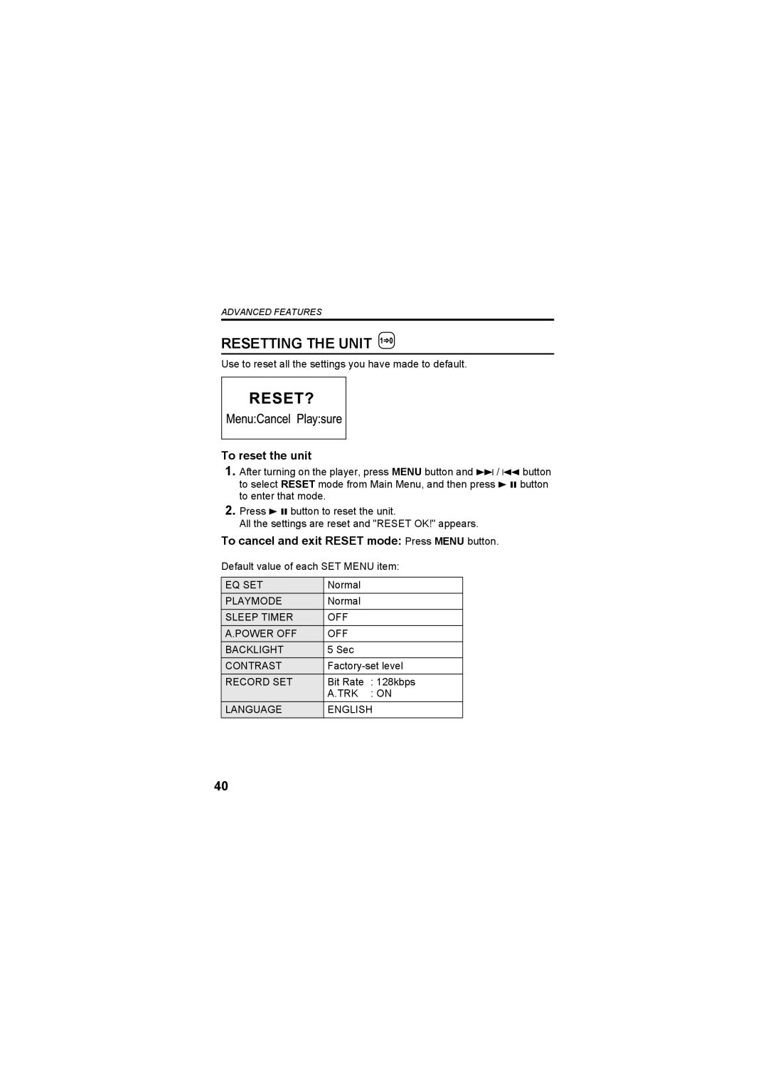 JVC XA-F107A, XA-F57A manual Resetting the Unit 