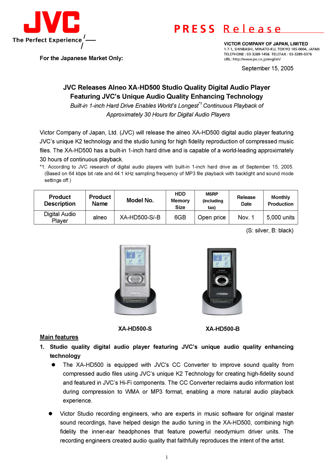 JVC manual Main features, For the Japanese Market Only, Product Model No, Name, XA-HD500-SXA-HD500-B 