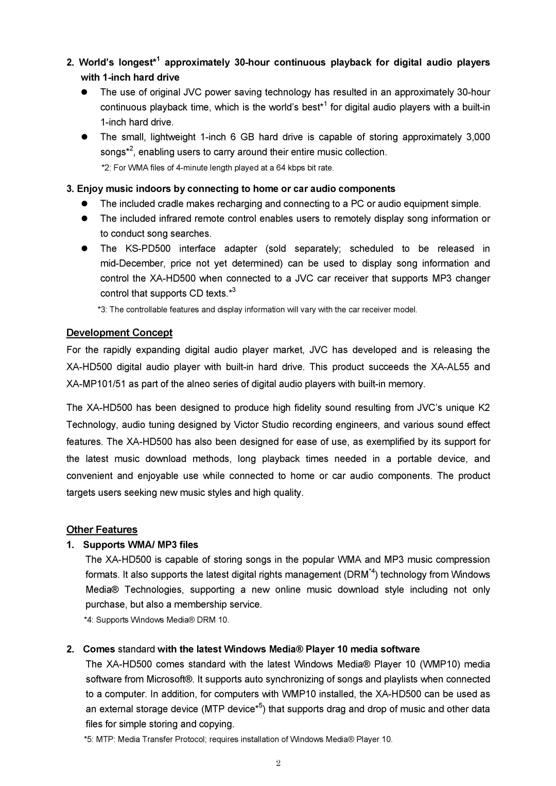 JVC XA-HD500 manual Development Concept, Other Features, Supports WMA/ MP3 files 