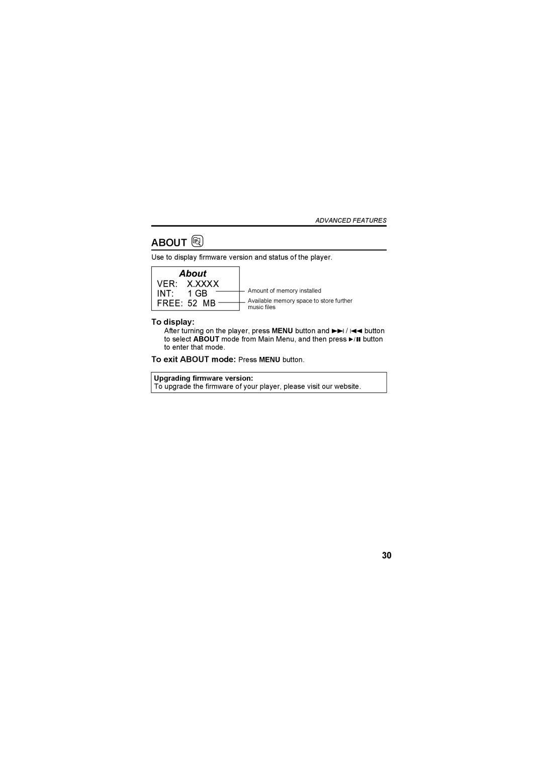 JVC XA-MP101B, XA-MP101W, XA-MP51S manual About, To display, To exit about mode Press Menu button, Upgrading firmware version 