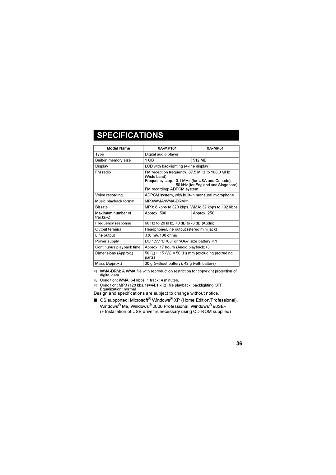 JVC XA-MP51S, XA-MP101W, XA-MP51A, XA-MP101B manual Specifications 