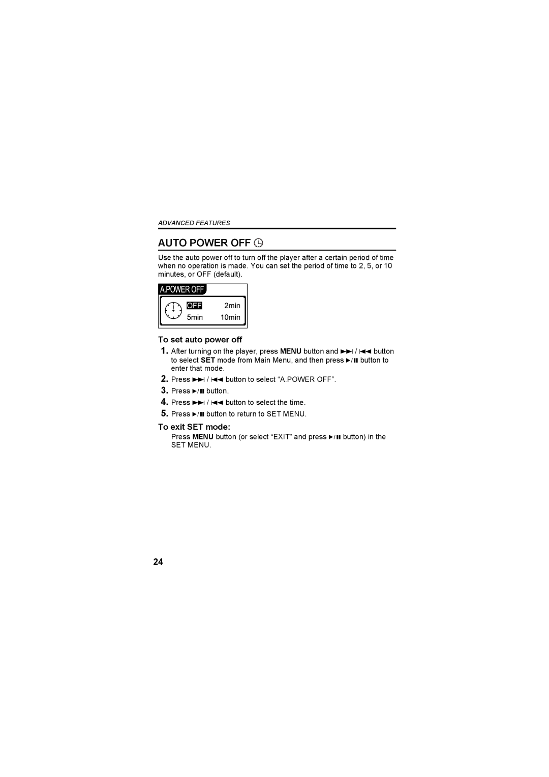 JVC XA-MP102W, XA-MP52R, XA-MP102A, XA-MP52B manual Auto Power OFF, To set auto power off 