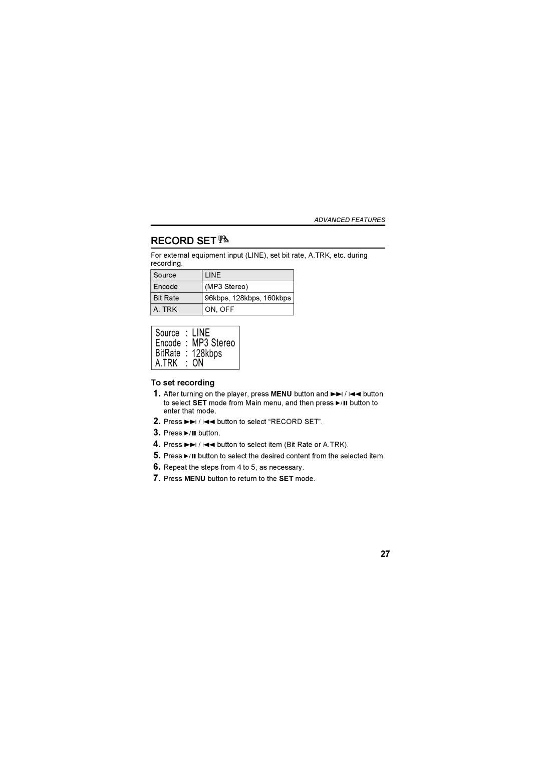 JVC XA-MP52B, XA-MP102W, XA-MP52R, XA-MP102A manual Record SET, To set recording 