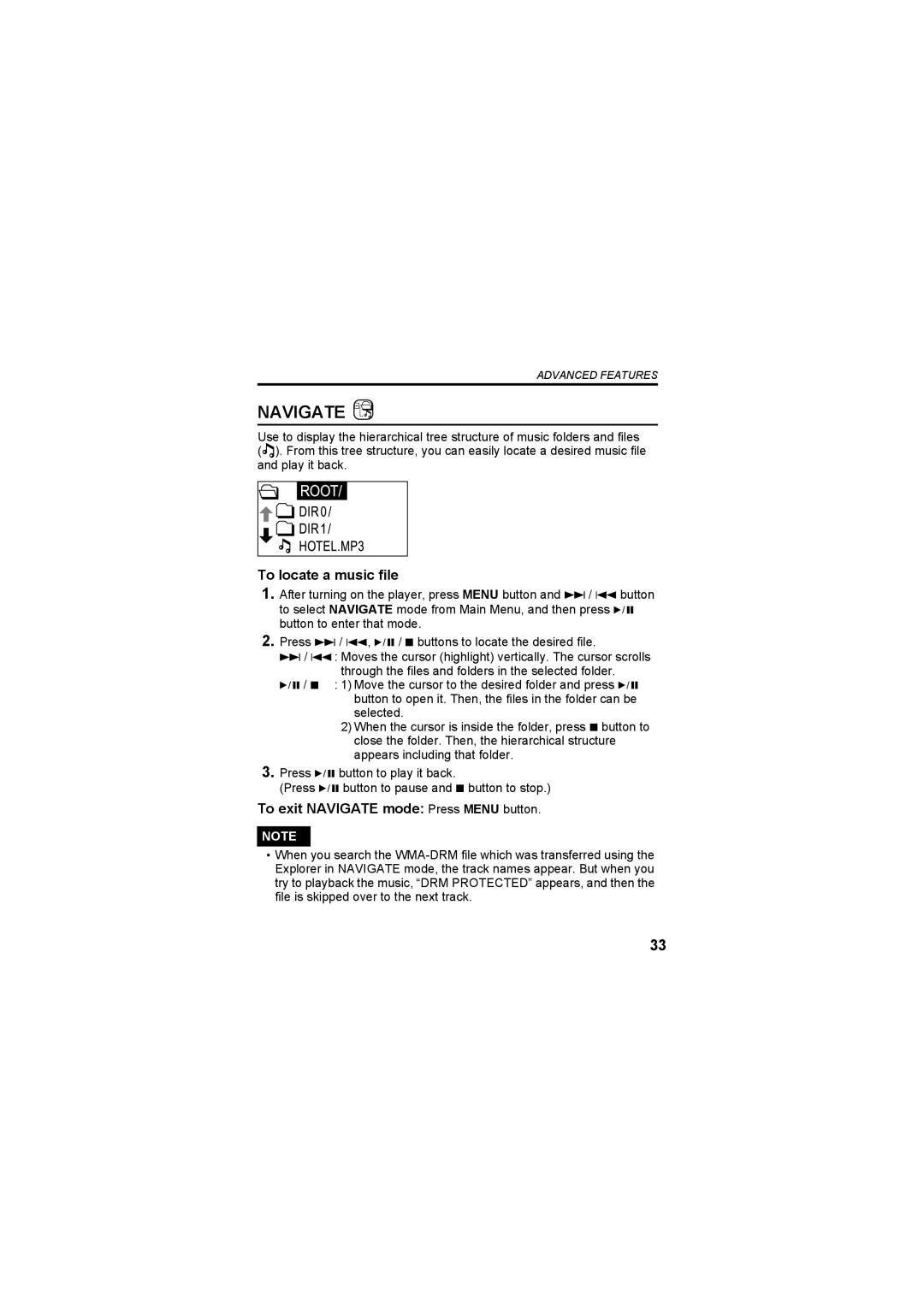 JVC XA-MP52R, XA-MP102W, XA-MP102A, XA-MP52B manual To locate a music file, To exit Navigate mode Press Menu button 