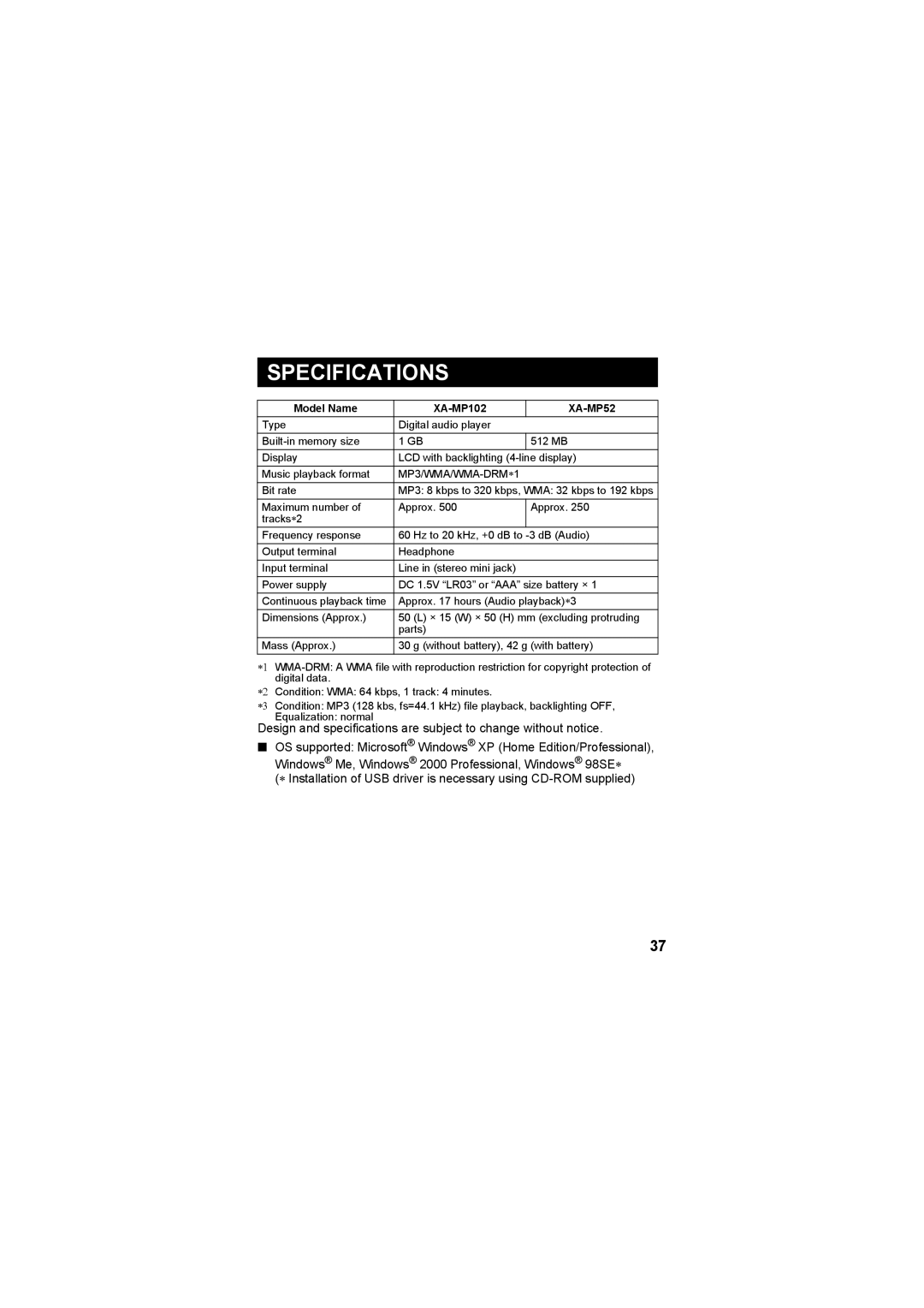 JVC XA-MP52R, XA-MP102W, XA-MP102A, XA-MP52B manual Specifications 