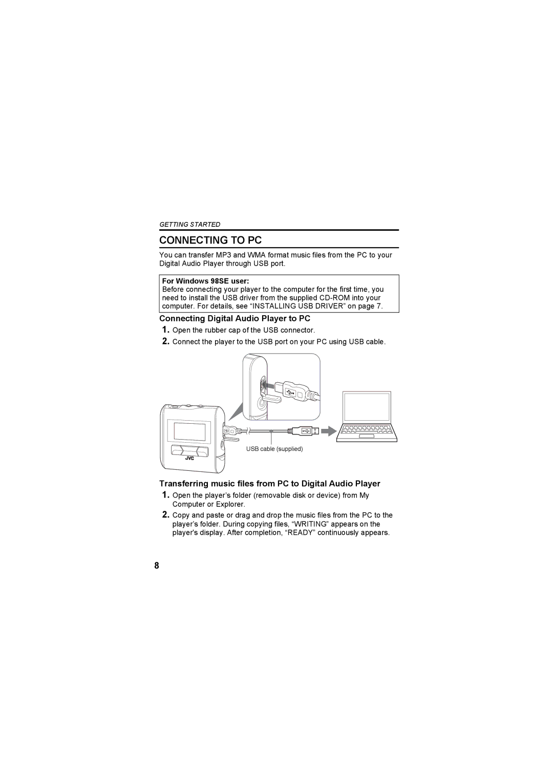 JVC XA-MP102W, XA-MP52R, XA-MP102A, XA-MP52B Connecting to PC, Connecting Digital Audio Player to PC, For Windows 98SE user 