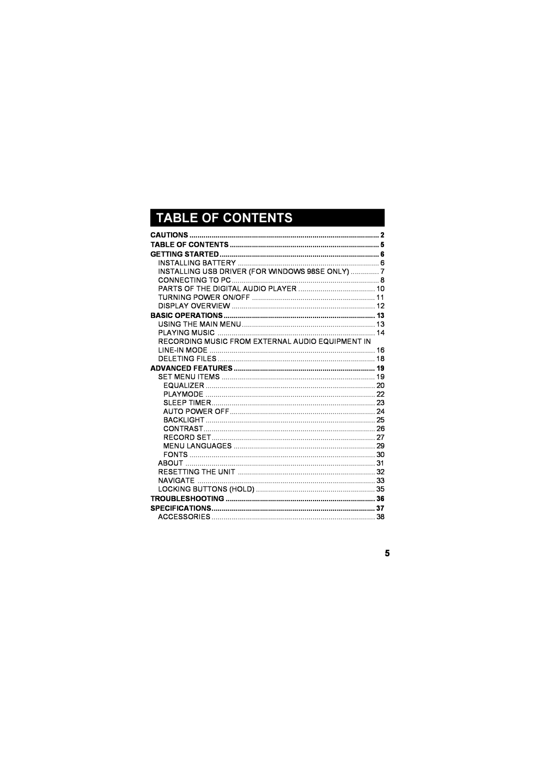 JVC XA-MP52R, XA-MP102W, XA-MP102A, XA-MP52B manual Table Of Contents, Basic Operations, Advanced Features, Troubleshooting 