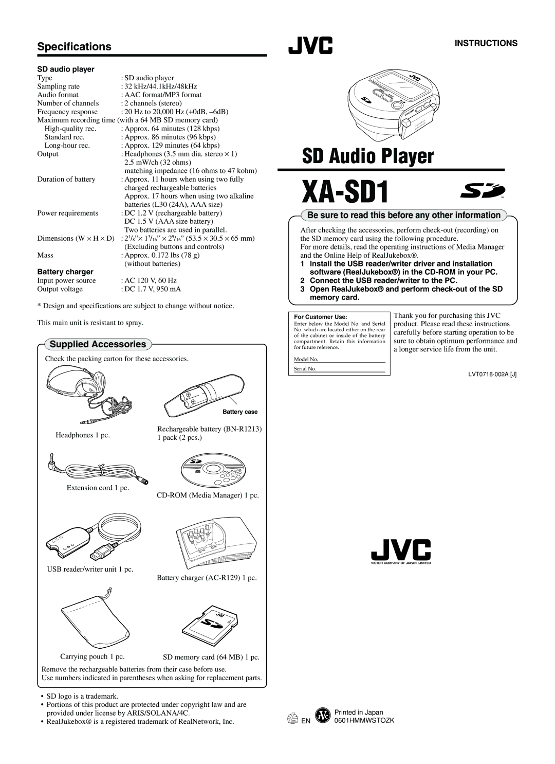 JVC XA-SD1 specifications Specifications, Supplied Accessories, Be sure to read this before any other information 