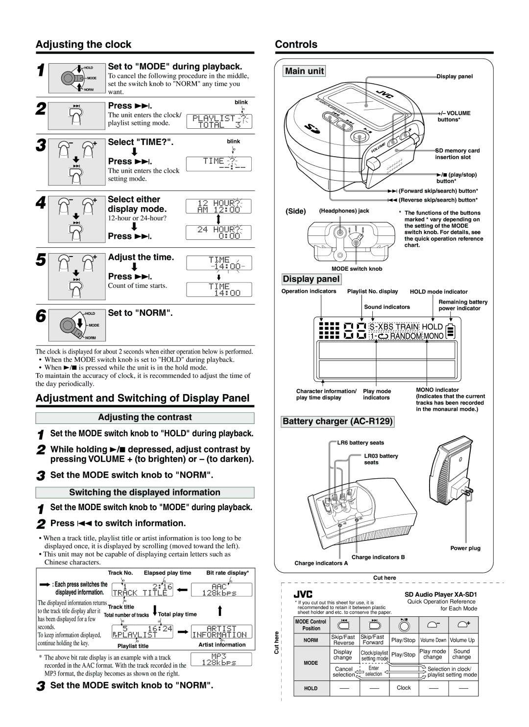 JVC XA-SD1 specifications Adjusting the clock, Controls 