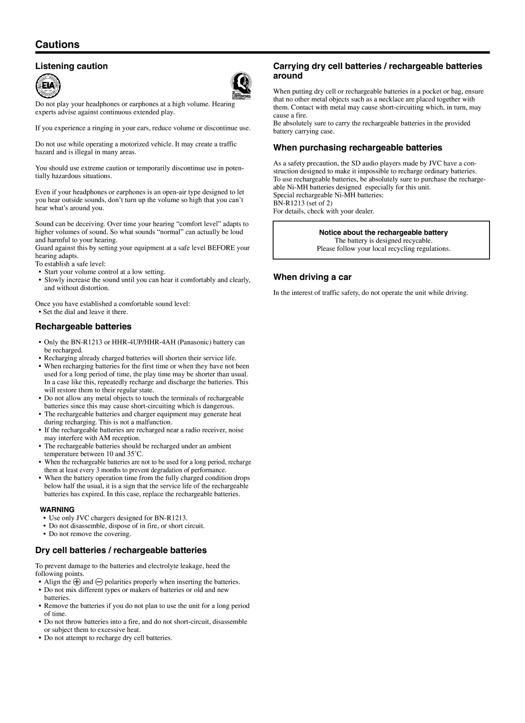 JVC XA-SD1 Listening caution, Rechargeable batteries, Dry cell batteries / rechargeable batteries, When driving a car 