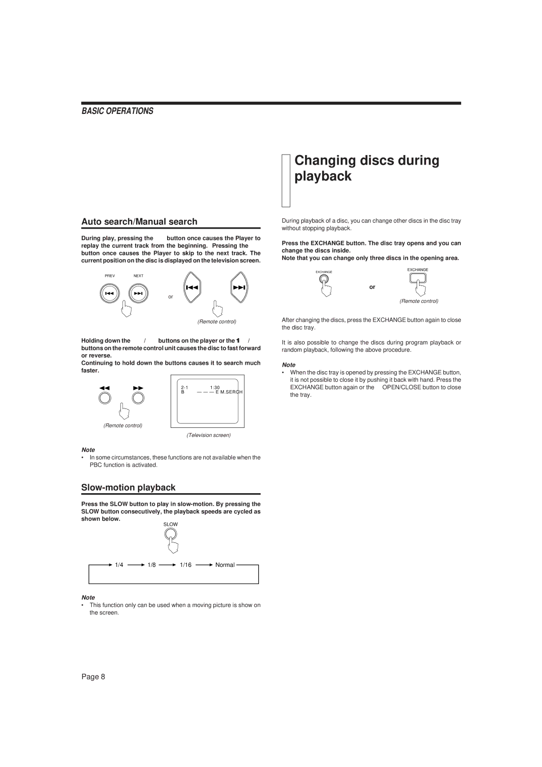 JVC XL-FV323TN manual Changing discs during playback, Auto search/Manual search, Slow-motion playback 