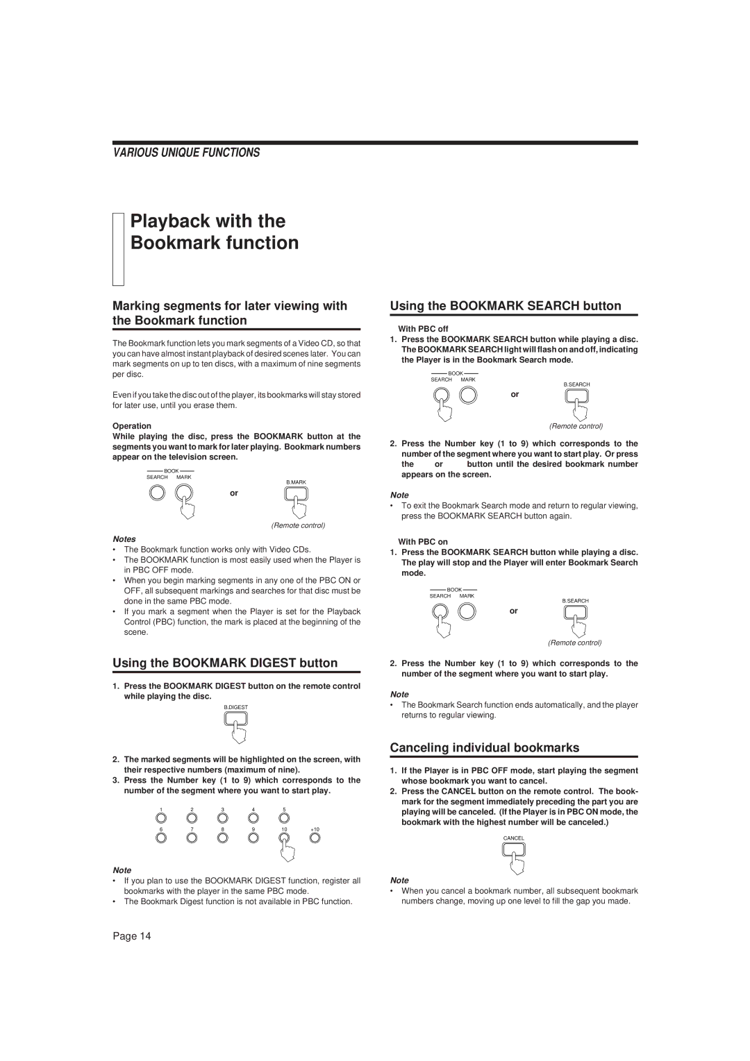 JVC XL-FV323TN manual Playback with Bookmark function, Using the Bookmark Digest button, Using the Bookmark Search button 