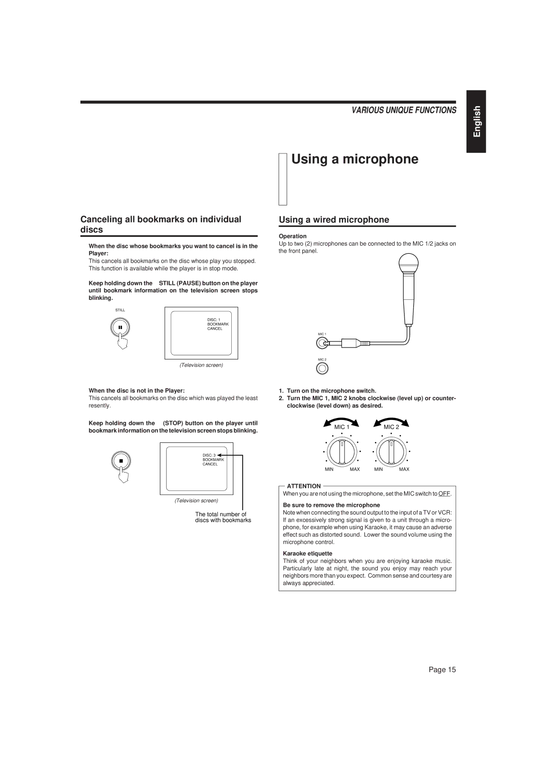 JVC XL-FV323TN manual Using a microphone, Canceling all bookmarks on individual discs, Using a wired microphone 