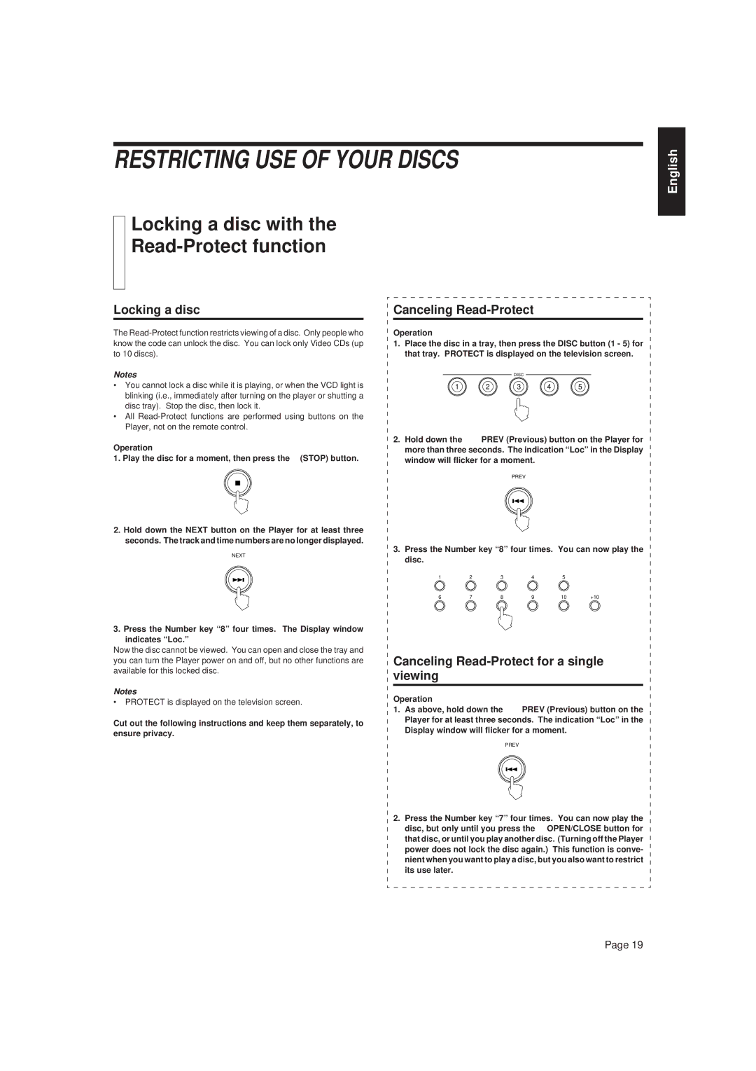 JVC XL-FV323TN manual Restricting USE of Your Discs, Locking a disc with Read-Protect function, Canceling Read-Protect 